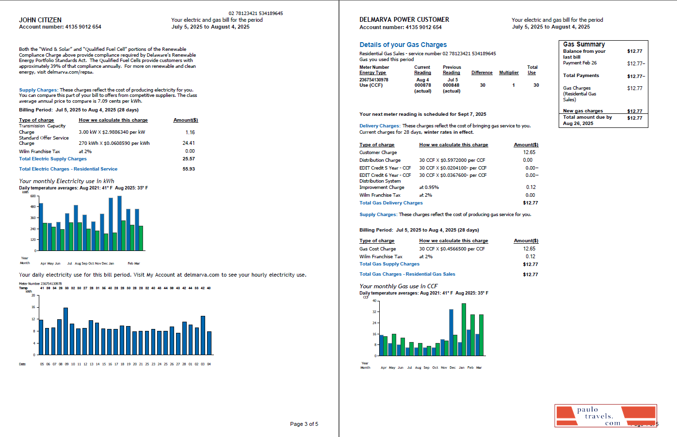 USA Delmarva Power utility bill template in Word and PDF formats, 5 pages, 3 4 pages